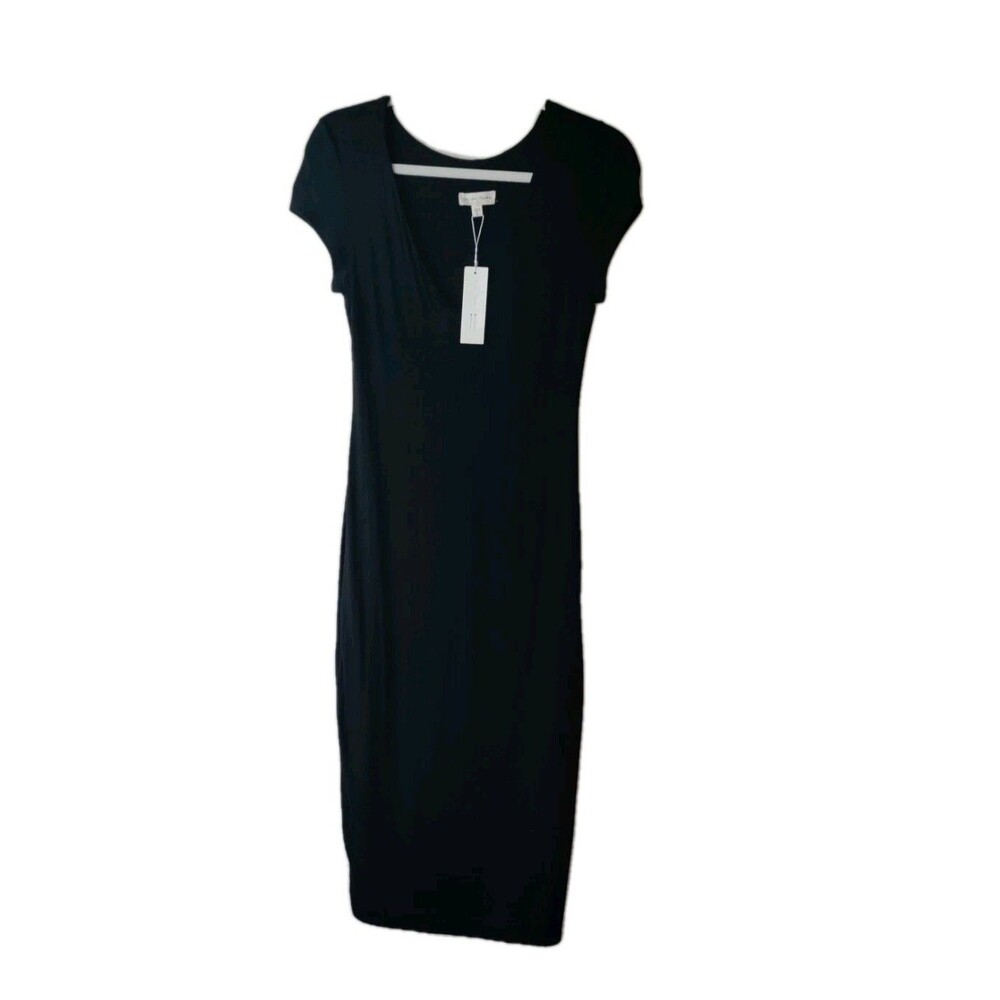 See You Monday Bodycon Midi Dress Black Stretch Cap Sleeve Lined Women's Sz L - Picture 3 of 16